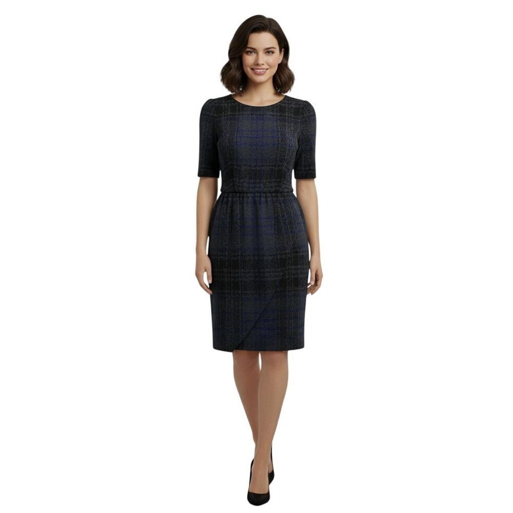 Betsey Johnson Gray Blue Plaid Assymetric Hem Puff Short Sleeve Dress Size 12